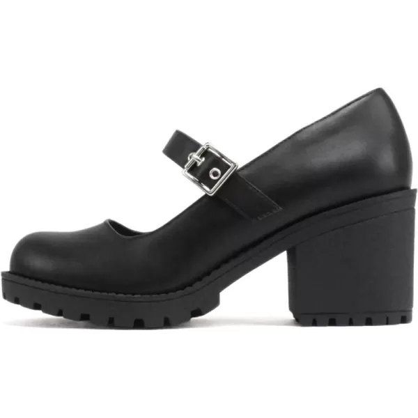 Soda Eviana  Women Mary Jane Round Toe Mid Chunky Block Heel Lug Sole Pump with Adjustable StrapBlack Pu