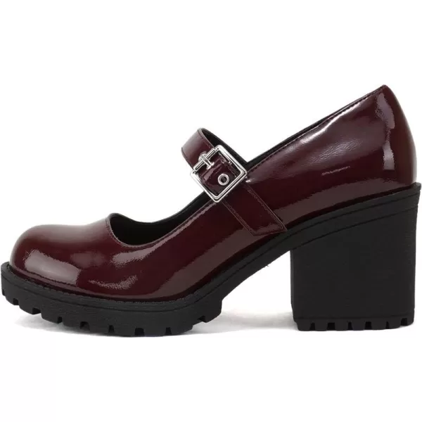 Soda Eviana  Women Mary Jane Round Toe Mid Chunky Block Heel Lug Sole Pump with Adjustable StrapBurgundy Patent