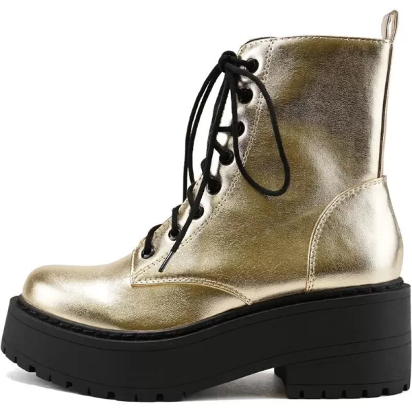 Soda FLING Women Chunky Lug Sole Lace up Fashion Combat Ankle Boot wSide ZipperGold Metallic Pu