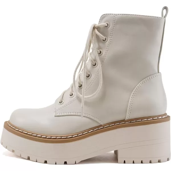 Soda FLING Women Chunky Lug Sole Lace up Fashion Combat Ankle Boot wSide ZipperOff White Pu