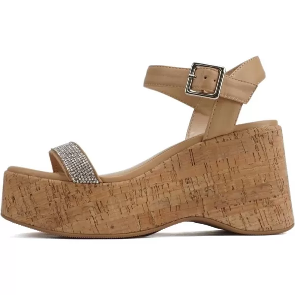 Soda FRAYA  Women Open Square Toe Platform Flatform Rhinestone Single Band Ankle Strap Wedge SandalDark Natural Cork