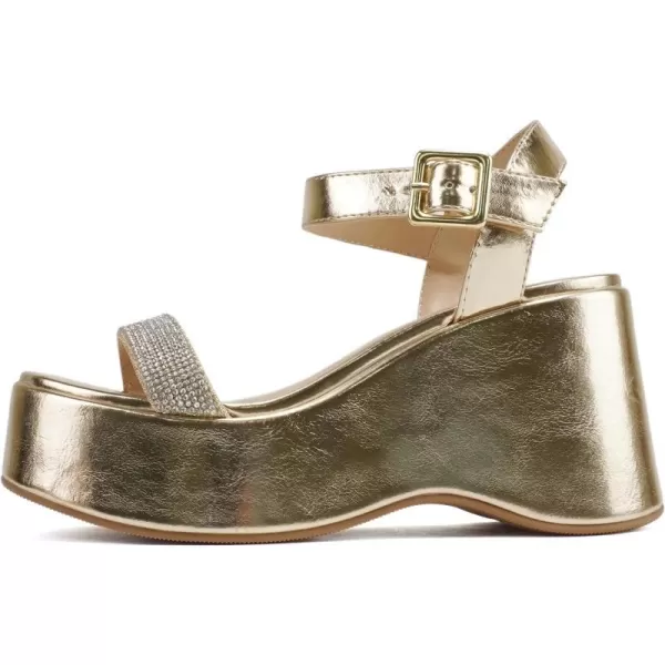 Soda FRAYA  Women Open Square Toe Platform Flatform Rhinestone Single Band Ankle Strap Wedge SandalGold Metallic Pu