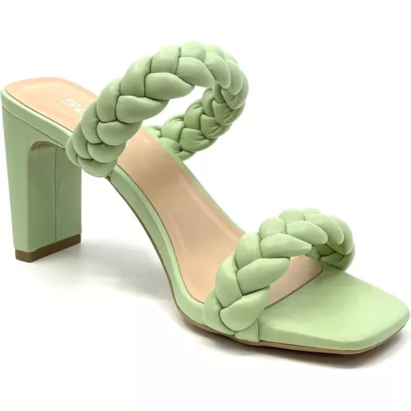 Soda Found  Womens Braided Heeled Square Toe Block Heel SandalsGreen Pu