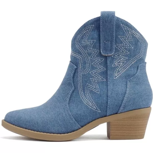 Soda GESSO  Women Pointed Toe Stitch SlipOn Low Stack Heel Ankle Western BootDenim Blue