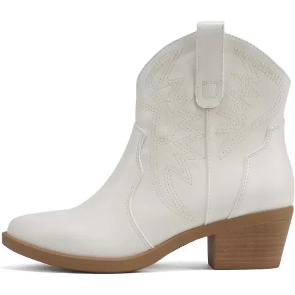 Soda GESSO  Women Pointed Toe Stitch SlipOn Low Stack Heel Ankle Western BootWhite Pu