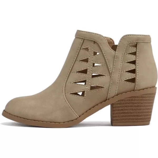 Soda Girls Triangle Cutout Side Chunky Stacked Heel Ankle BootBeige