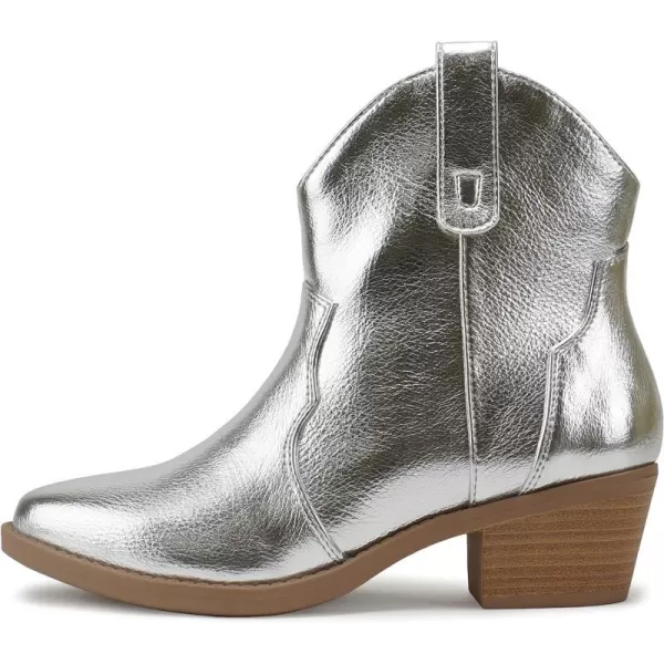 Soda JORIAH  Women Western Stitched Pointed Toe Low Block Heel Ankle BootSilver Metallic Pu