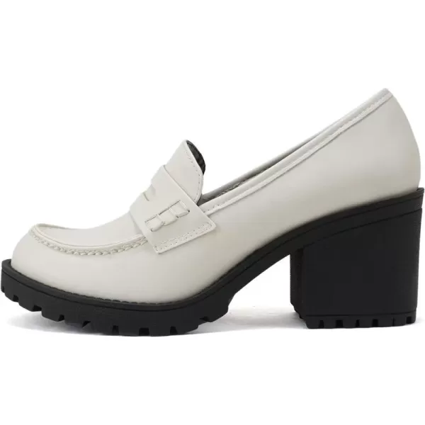 Soda Kinder  Women Slip On Chunky Mid Heel Lug Sole Penny Loafer ShoeOff White Pu