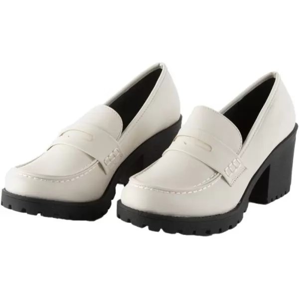 Soda Kinder  Women Slip On Chunky Mid Heel Lug Sole Penny Loafer ShoeOffwhite Pu