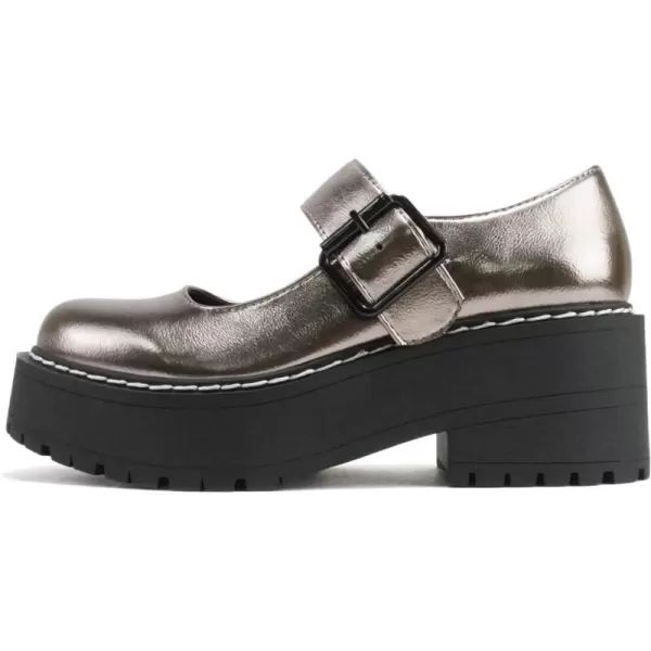 Soda LOAF  Women Round Toe Lug Sole Low Platform Heel Mary Jane Pump Shoe with Adjustable Ankle StrapGunmetal Metallic Pu