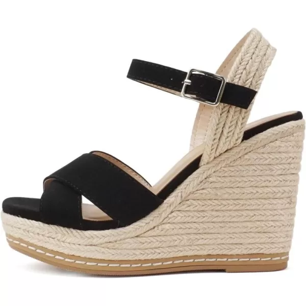 Soda MELANY  Women Open Toe Crisscross Two Bands Upper Ankle Strap High Heel Espadrille Wedge SandalBlack Nubuck