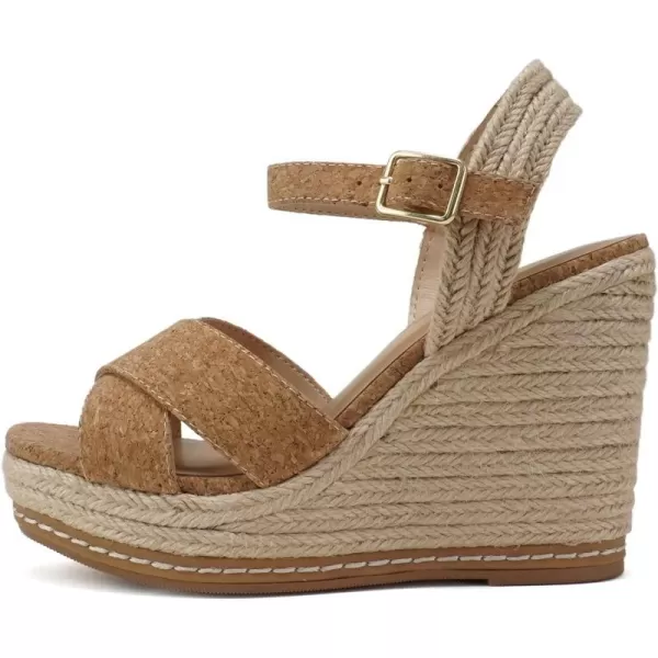 Soda MELANY  Women Open Toe Crisscross Two Bands Upper Ankle Strap High Heel Espadrille Wedge SandalNatural Cork