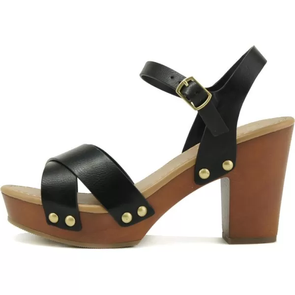 Soda MIGUEL  Women Crisscross Band Fashion Chunky Platform Block Mid Heel Sandal with Ankle Strap and StudBlack Pu