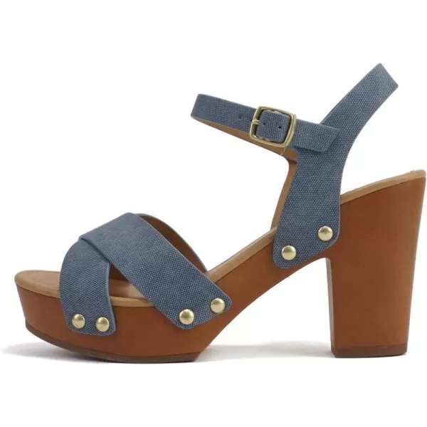 Soda MIGUEL  Women Crisscross Band Fashion Chunky Platform Block Mid Heel Sandal with Ankle Strap and StudDenim Blue Nubuck