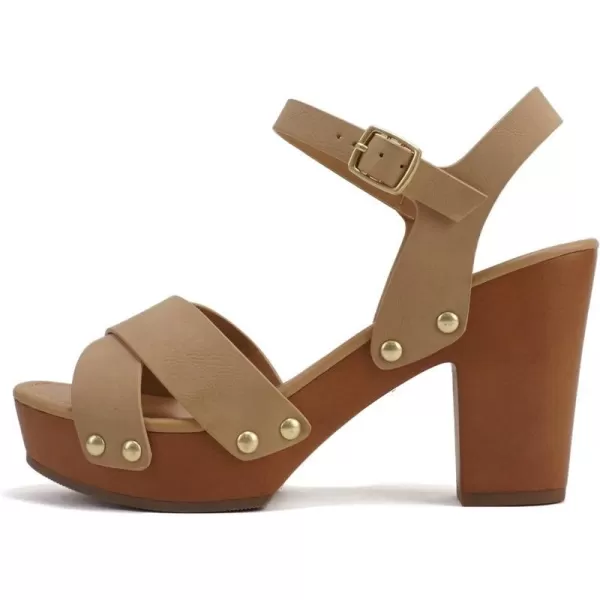 Soda MIGUEL  Women Crisscross Band Fashion Chunky Platform Block Mid Heel Sandal with Ankle Strap and StudNatural Nubuck