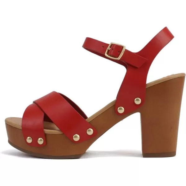 Soda MIGUEL  Women Crisscross Band Fashion Chunky Platform Block Mid Heel Sandal with Ankle Strap and StudRed Pu