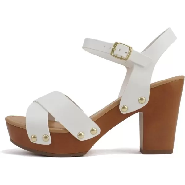 Soda MIGUEL  Women Crisscross Band Fashion Chunky Platform Block Mid Heel Sandal with Ankle Strap and StudWhite Pu