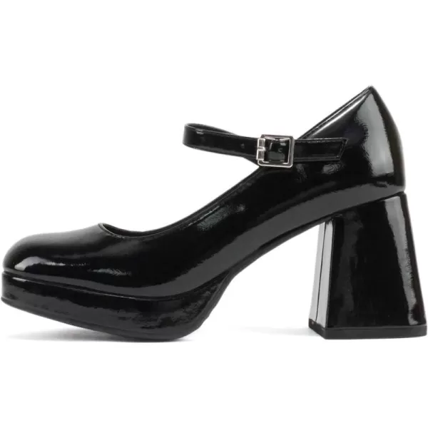 Soda NOSTA  Women Square Toe Mary Jane Platform High Chunky Flare Heel Pump Shoe with Adjustable Ankle StrapBlack Patent