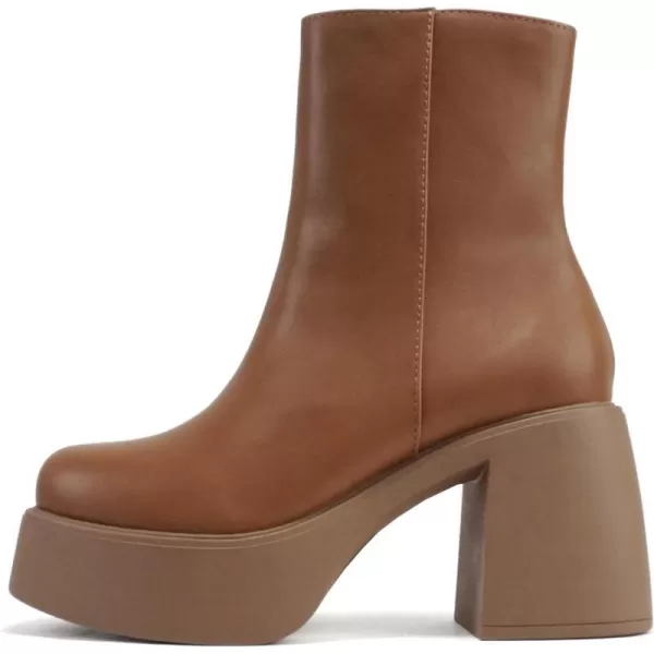 Soda OARSMAN  Women Square Toe Platform Medium Chunky Heel Ankle Boot with Side ZipperLight Tan Pu