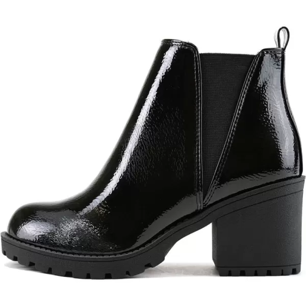 Soda ORIGAMI  WOMEN LUG SOLE MID HEEL FASHION ANKLE BOOTIE WDOUBLE ELASTIC GOREBlack Crk Patent