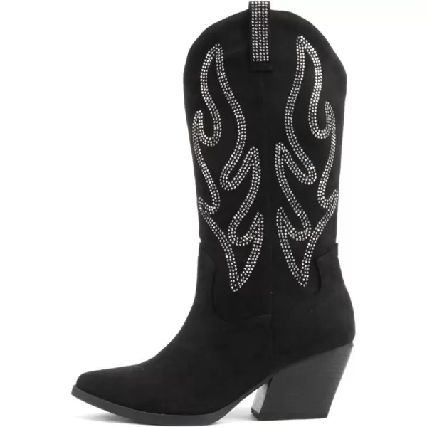 Soda OZIE  Women Pointed Toe Low Heel Rhinestone MidCalf Western BootBlack Suede