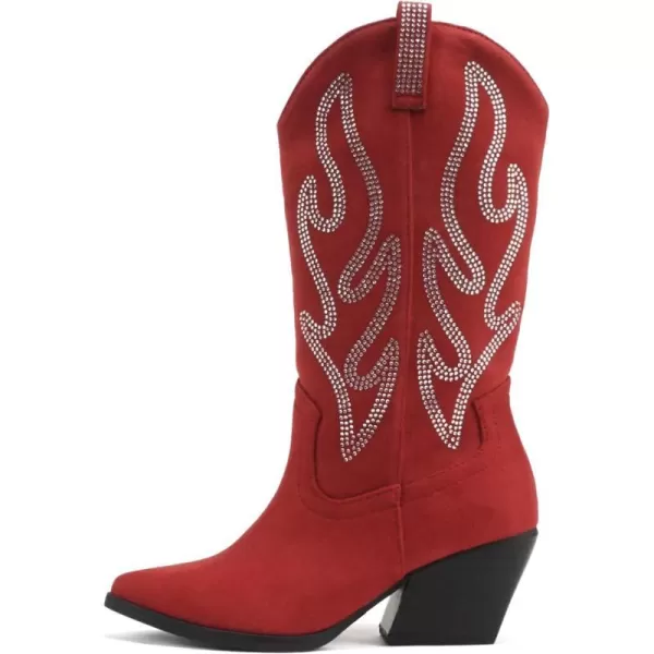 Soda OZIE  Women Pointed Toe Low Heel Rhinestone MidCalf Western BootBright Red Suede