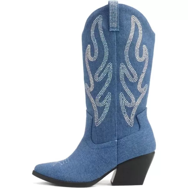 Soda OZIE  Women Pointed Toe Low Heel Rhinestone MidCalf Western BootDenim Blue