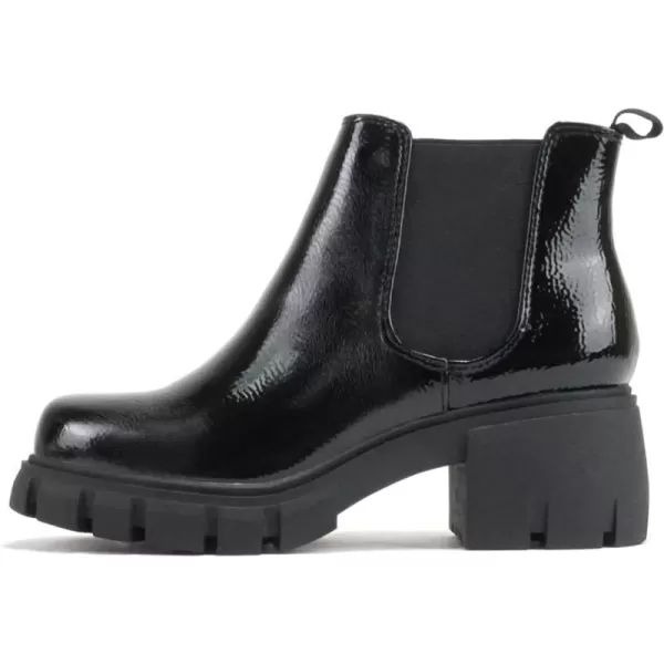 Soda PIONEER  Women Lug Sole Mid Heel Chelsea Fashion Ankle Bootie wDouble Elastic GoreBlack Patent