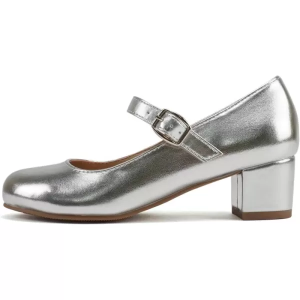 Soda Pela2  Little KidsChildrenGirls Closed Round Toe Mary Jane Ankle Strap Low Block Heel Pump ShoeSilver Metallic Pu