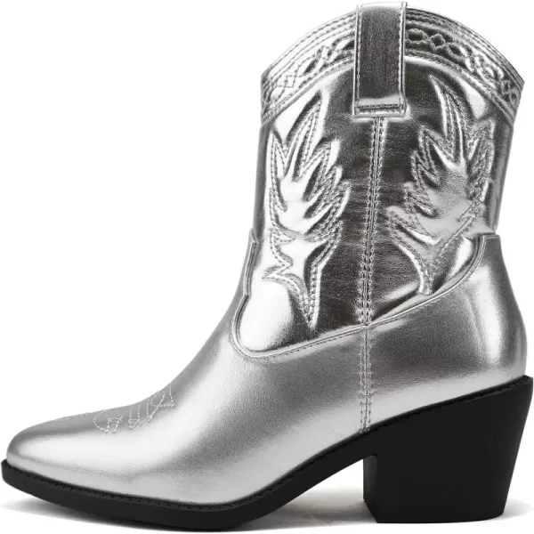 Soda Picotee Women Western Cowboy Cowgirl Stitched Ankle BootsSilver Metallic Pu