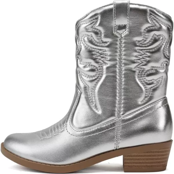 Soda RENO2 KidsGirlsChildren Western Cowboy Stitched Pointe Toe Low Heel Ankle Mid Shaft Fashion BootsSilver