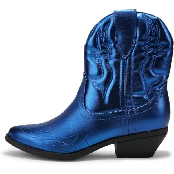 Soda RIGGING  Women Western Stitched Pointe Toe Low Heel Ankle Mid Shaft BootsBlue Metallic