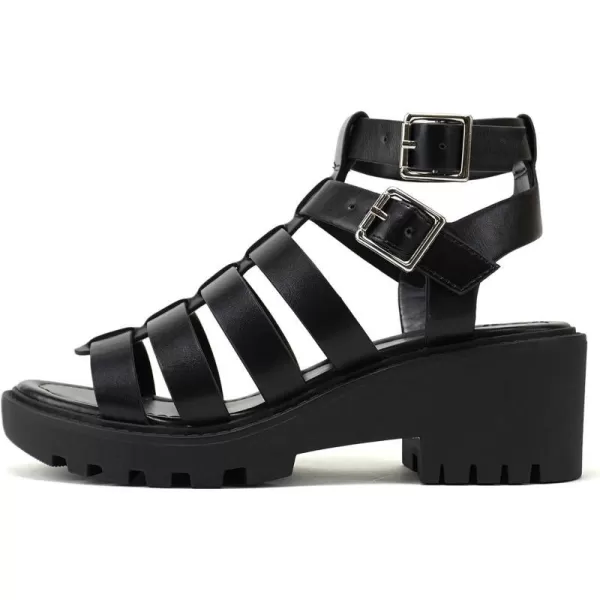 Soda Rebirth  Women Open Toe Fisherman Multi Strap Velcro Buckle Lug Sole Low Block Heeled SandalsBlack Pu