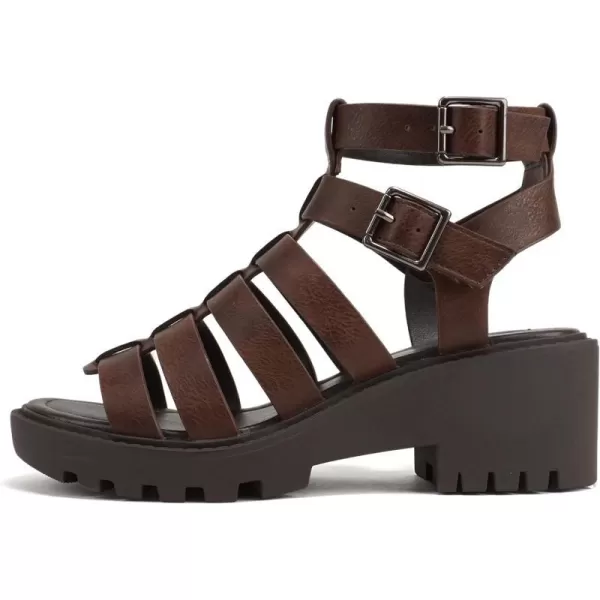 Soda Rebirth  Women Open Toe Fisherman Multi Strap Velcro Buckle Lug Sole Low Block Heeled SandalsBrown Pu