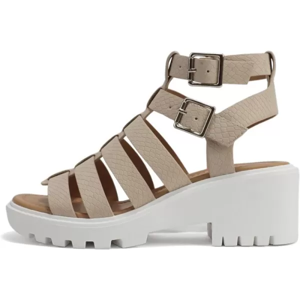 Soda Rebirth  Women Open Toe Fisherman Multi Strap Velcro Buckle Lug Sole Low Block Heeled SandalsCobra Nude Nubuck