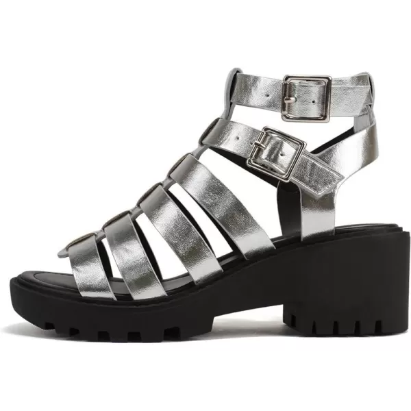 Soda Rebirth  Women Open Toe Fisherman Multi Strap Velcro Buckle Lug Sole Low Block Heeled SandalsSilver Metallic Pu