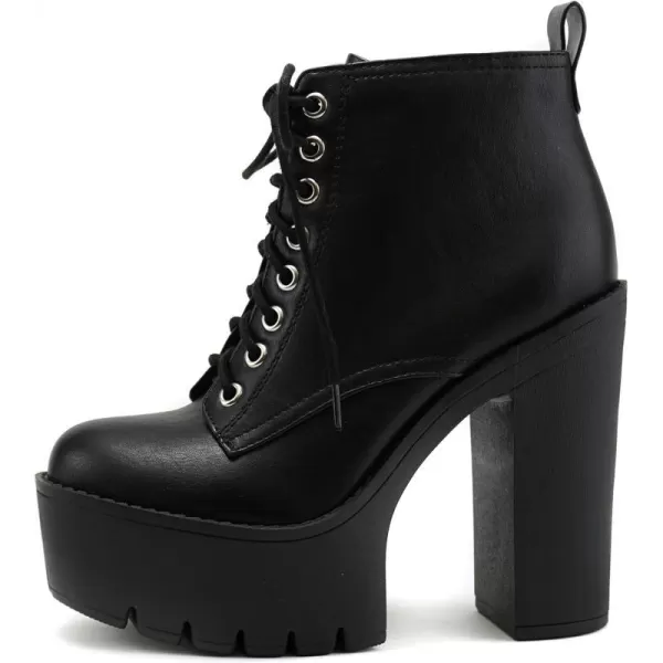 Soda SETUP  Women Super Chunky High Block Heel Laceup Fashion Ankle Boot wSide ZipperBlack Pu