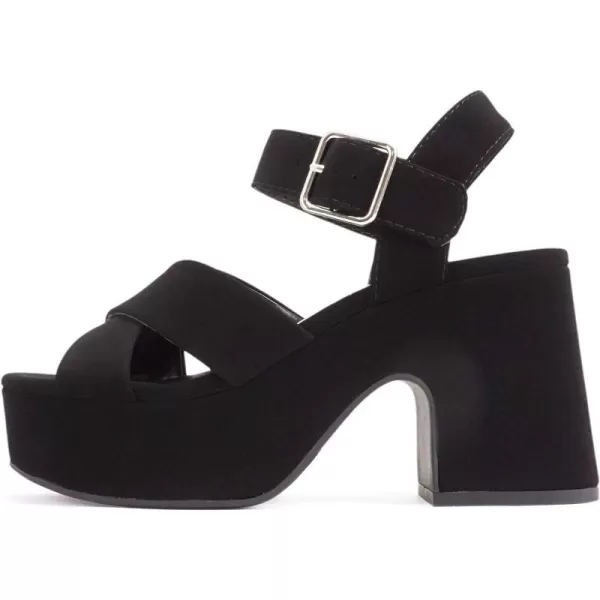 Soda SYREN  Women Open Round Toe Crisscross Band Ankle Strap Buckle High Heel Notch Wedge SandalBlack Nubuck