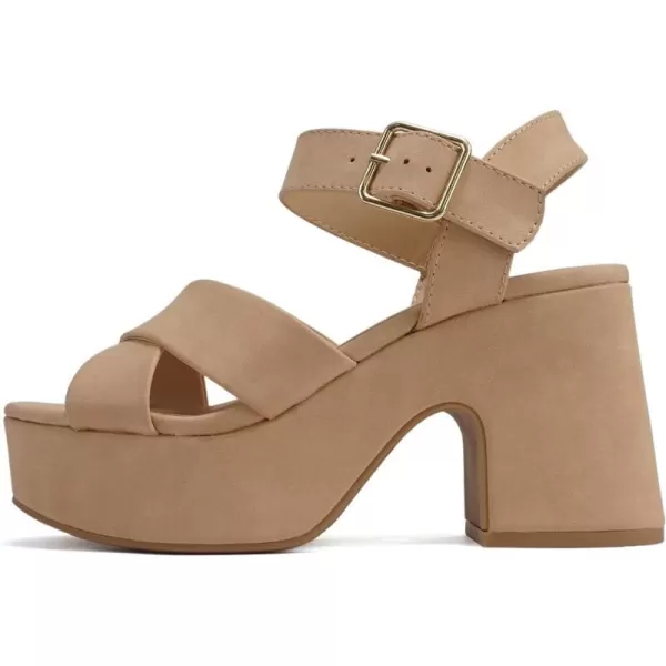 Soda SYREN  Women Open Round Toe Crisscross Band Ankle Strap Buckle High Heel Notch Wedge SandalDark Nude Nubuck