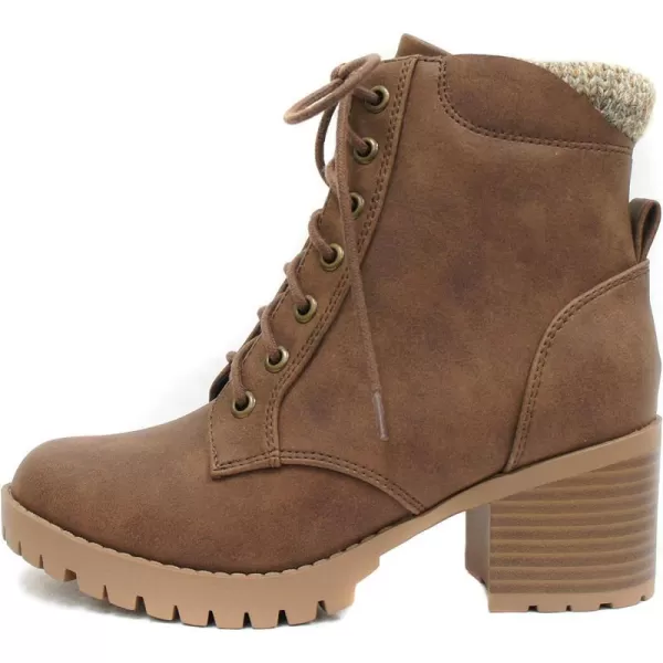 Soda Single Lug Sole Chunky Heel Combat Ankle Boot Lace up wSide ZipperLight Brown