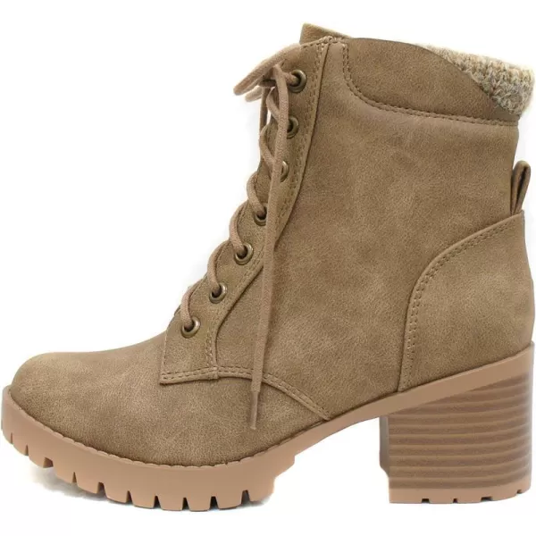 Soda Single Lug Sole Chunky Heel Combat Ankle Boot Lace up wSide ZipperWarm Taupe