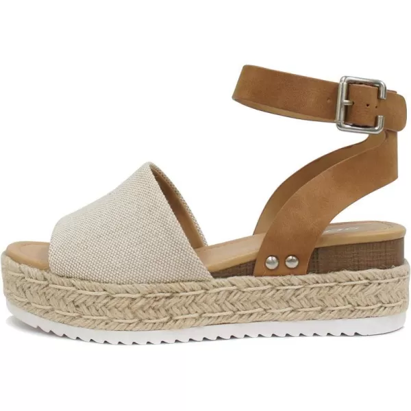 Soda Topic Open Toe Buckle Ankle Strap Espadrilles Flatform Wedge Casual SandalBeige CanvasTan