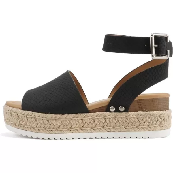 Soda Topic Open Toe Buckle Ankle Strap Espadrilles Flatform Wedge Casual SandalBlack Cobra Nubuck