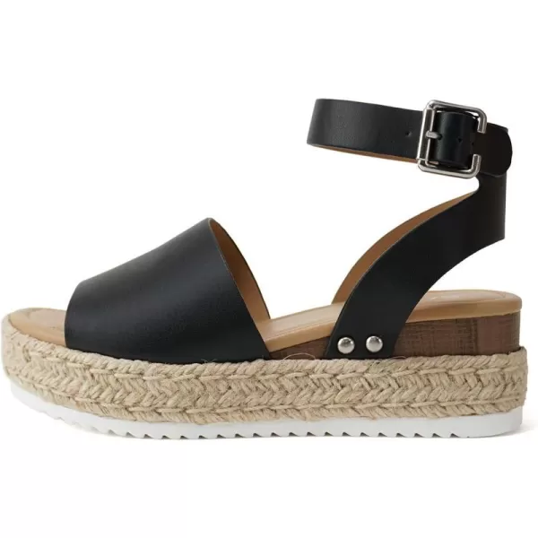 Soda Topic Open Toe Buckle Ankle Strap Espadrilles Flatform Wedge Casual SandalBlack Pu