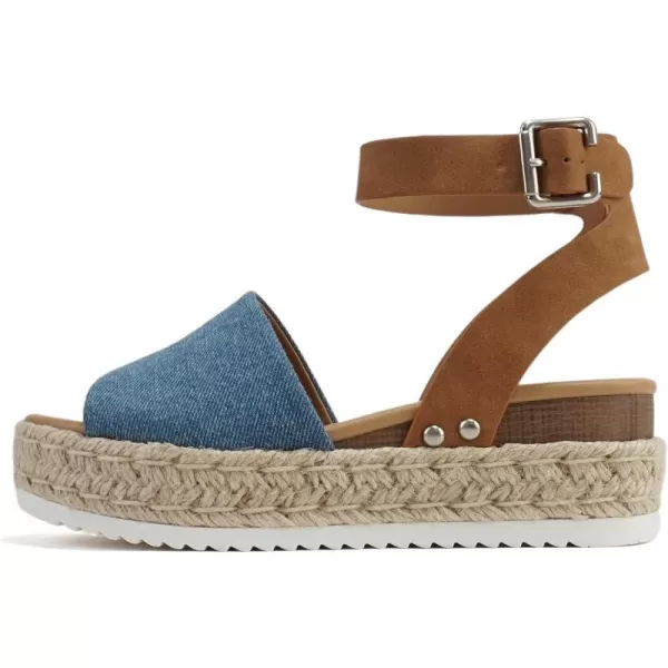 Soda Topic Open Toe Buckle Ankle Strap Espadrilles Flatform Wedge Casual SandalDenimTan