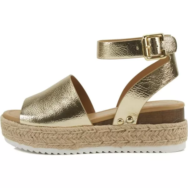 Soda Topic Open Toe Buckle Ankle Strap Espadrilles Flatform Wedge Casual SandalGold