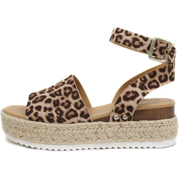 Soda Topic Open Toe Buckle Ankle Strap Espadrilles Flatform Wedge Casual SandalOat Cheetah