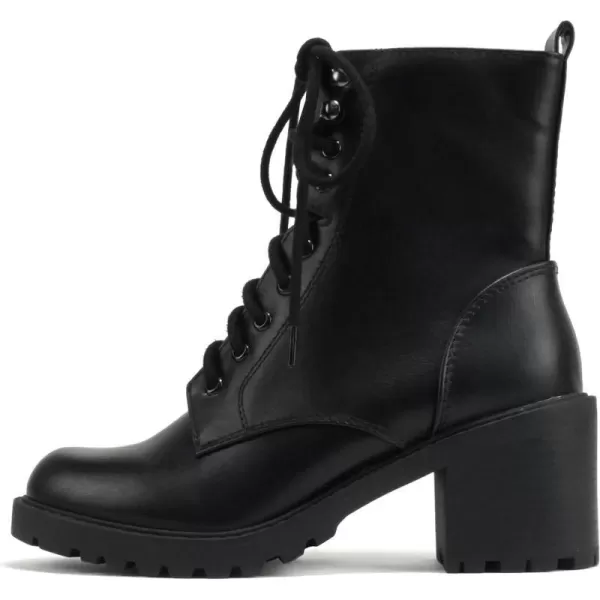 Soda VELOUR  Women Round Toe LaceUp Lug Sole Medium Stack Heel Mid Shaft Combat Boot with Side ZipperBlack Pu