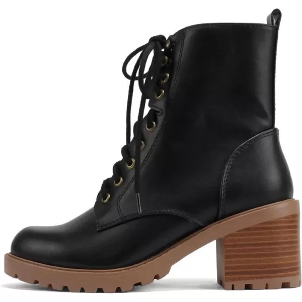 Soda VELOUR  Women Round Toe LaceUp Lug Sole Medium Stack Heel Mid Shaft Combat Boot with Side ZipperBlackTan Pu