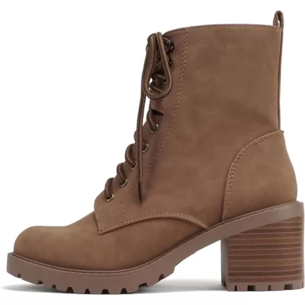 Soda VELOUR  Women Round Toe LaceUp Lug Sole Medium Stack Heel Mid Shaft Combat Boot with Side ZipperLight Cognac Nubuck